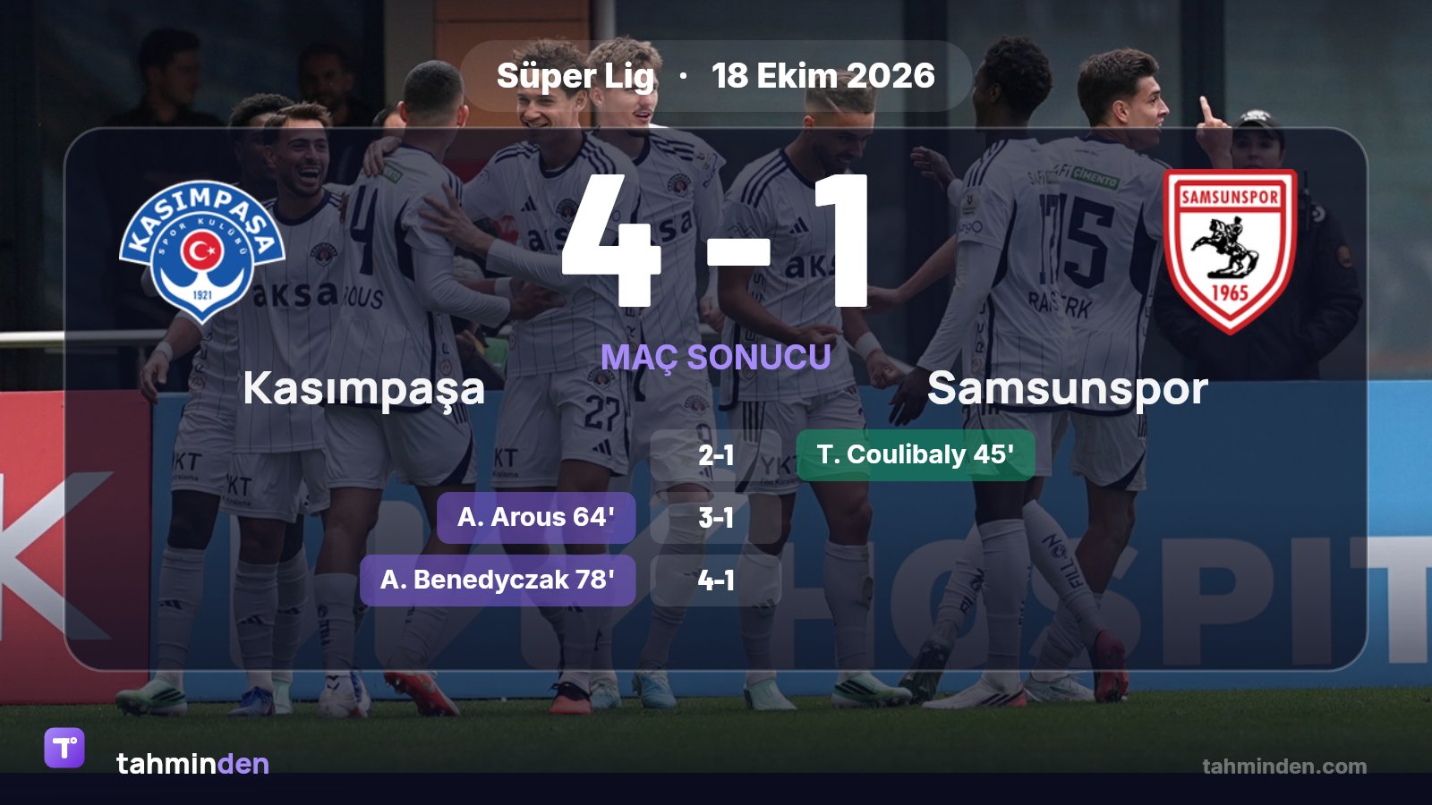 Kasımpaşa, Süper Lig'in 8. haftasında Samsunspor'u 4-1 yendi; gollerini Winck, Arous (2) ve Benedyczak attı