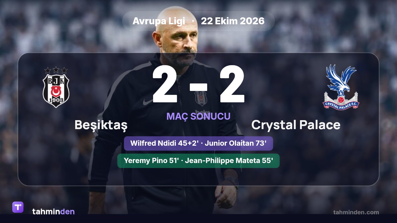 Beşiktaş, Avrupa Ligi 3. haftasında evinde Crystal Palace ile 2-2 berabere kaldı