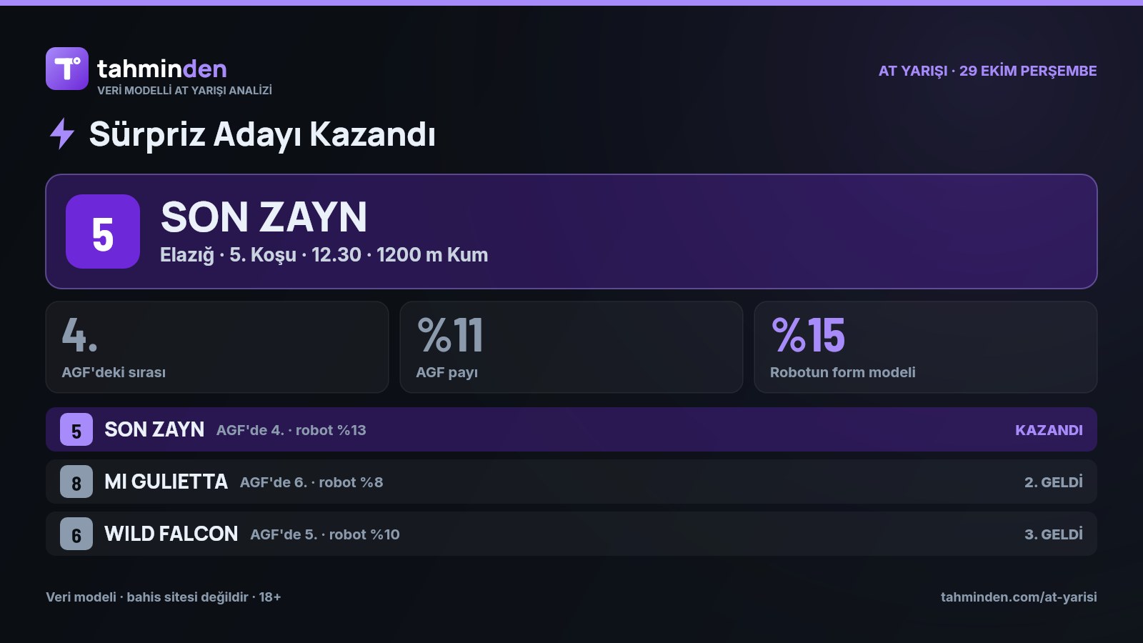 🏇 Elazığ'daki 5. koşuda robotumuzun sürpriz adayı SON ZAYN, jokey M.DOĞAN ile birinci oldu