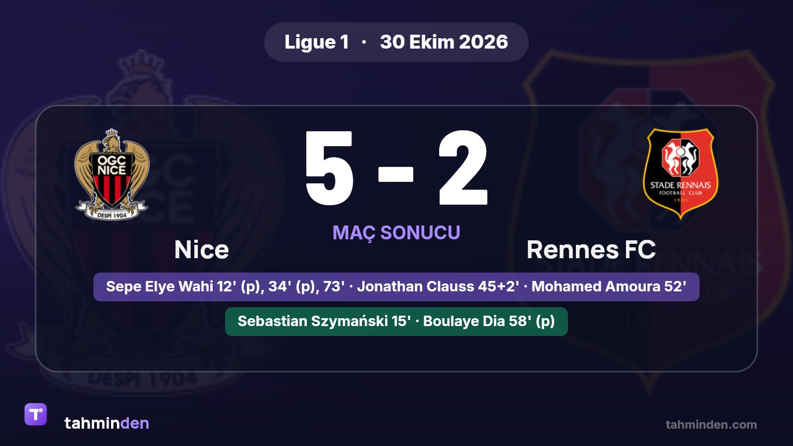 🚀 Ligue 1'de Nice, sahasında Rennes'i 5-2 yendi